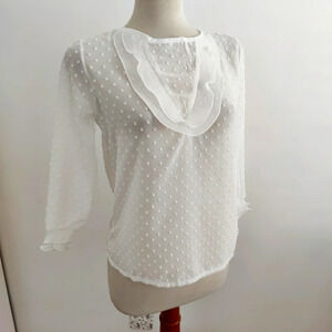 SALE! Swiss Dot Blouse / 3/4 Sleeve / White / Size Small